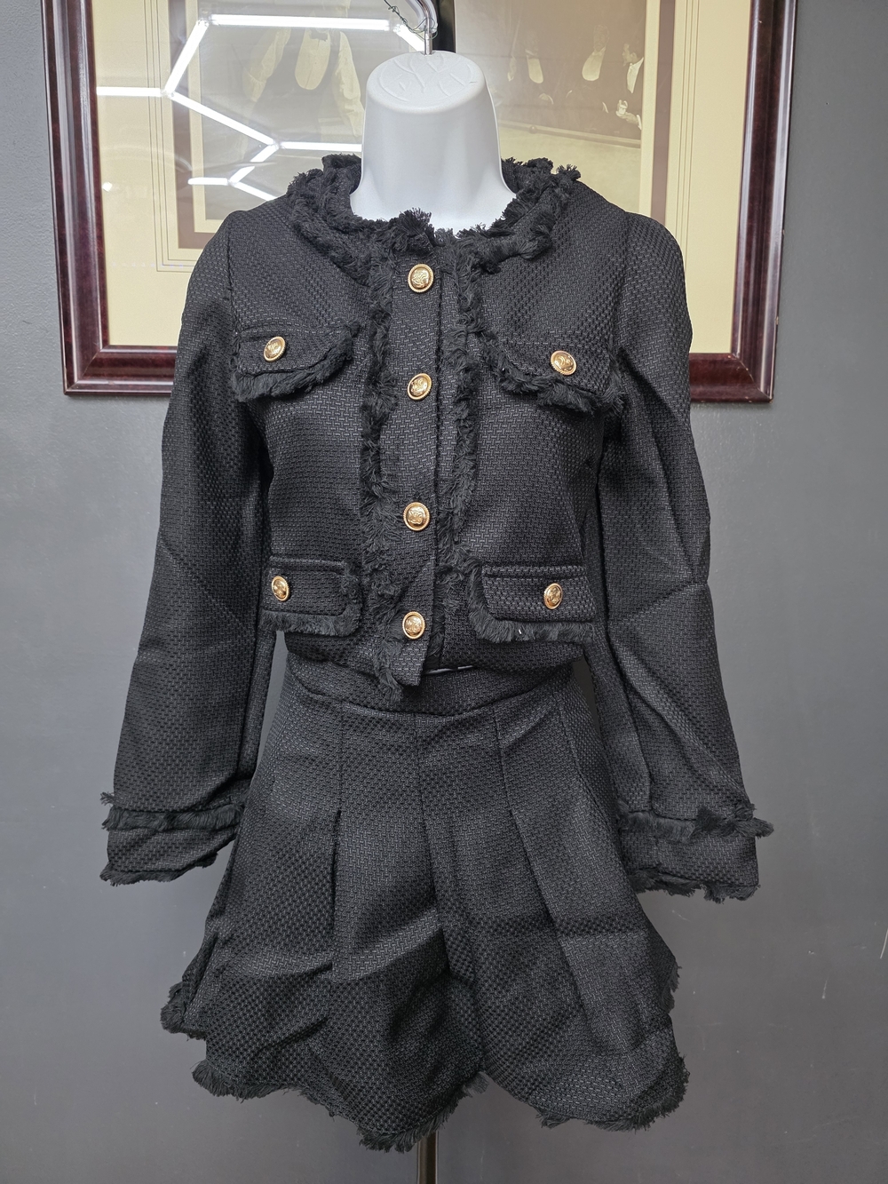 Woolen Cropped Black Tweed Jacket with Gold Buttons